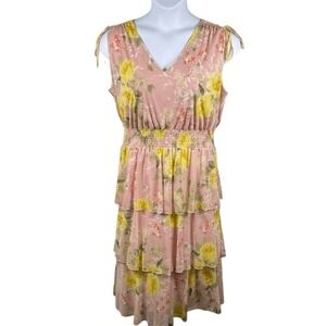 Stella & Julie Floral Tiered Midi Dress Pink Yellow Smocked Waist‎ 16W Whimsical
